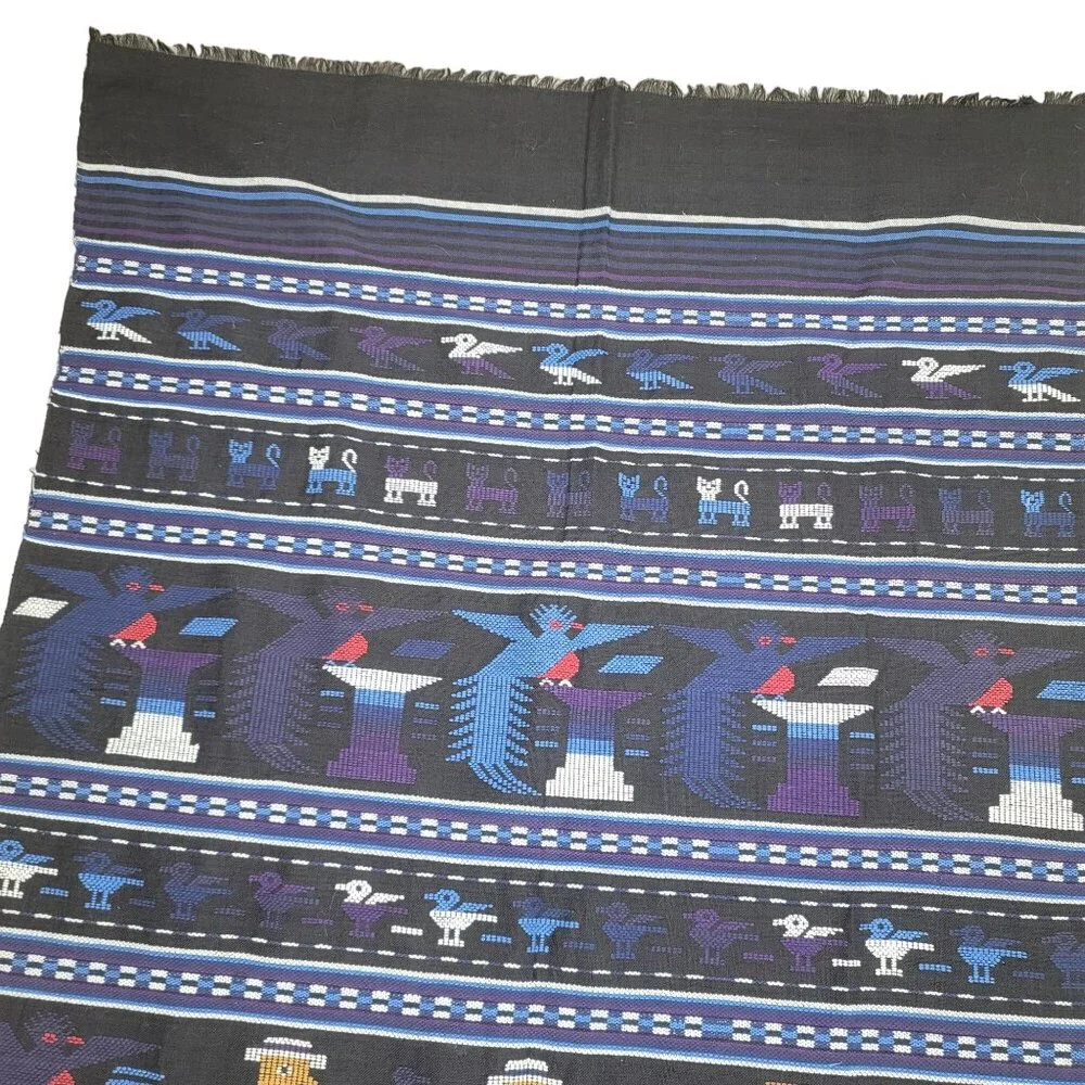 vintage 1980s Handwoven Textile Tapestry Colorful Patterns & Birds 35.5